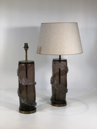 Pair Of Purple Frosted  'trail' Lamps On Distressed Bronze Bases
