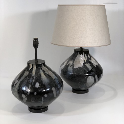 Pair Of Small Black Glass 'pebble' Lamps On Dark Bronze Bases