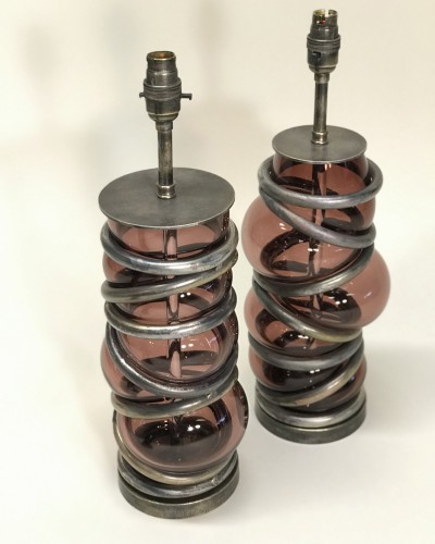 Pair Of Brown Purple 'tea' Coloured Lamps With Metal Divisions On Antique Brass Bases