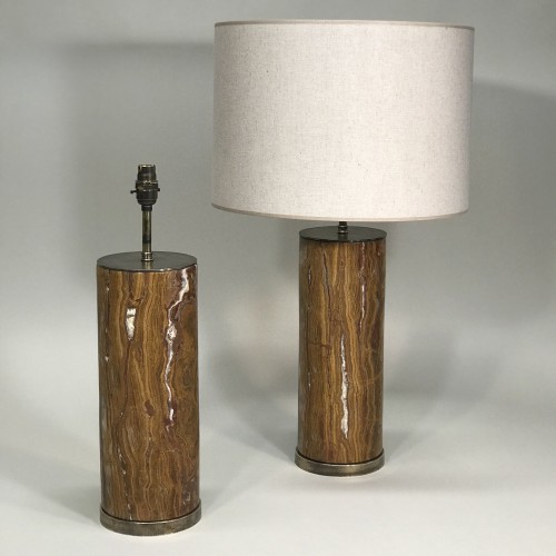 Pair Of Large Brown Onyx Stone Cylinder Lamps On Antique Brass Bases