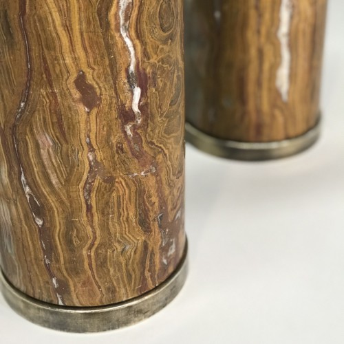 Pair Of Large Brown Onyx Stone Cylinder Lamps On Antique Brass Bases