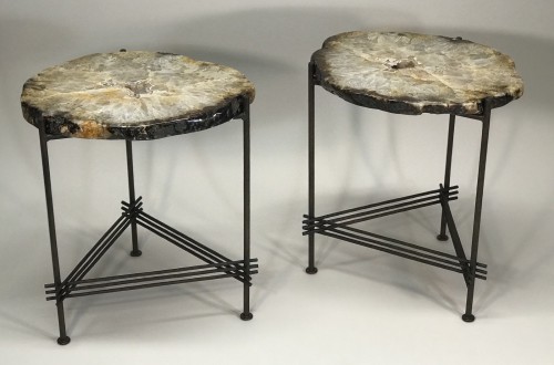 Pair Of Really Good Agate Side Tables With Textured Iron Stretcher Bases With Brown Bronze Bases