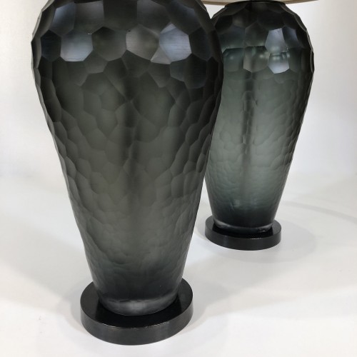 Pair Of Grey Cut Glass Balloon Lamps On Dark Bronze Bases