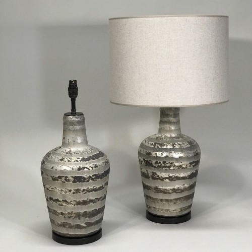 Pair Of Medium Silver/grey Cut And Mirrored Lamps On Brown Bronze Bases