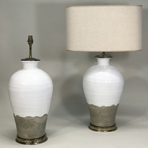 Pair Of Large White Hand Made Ceramic Lamps On Antique Brass Bases