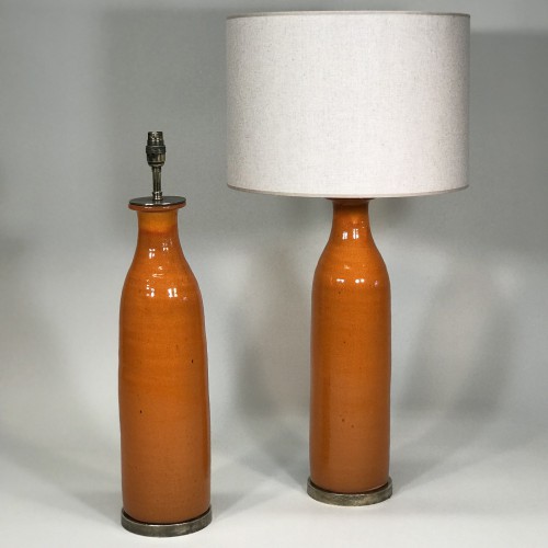 Pair Of Large Hand Made Orange Ceramic Lamps On Antique Brass Bases