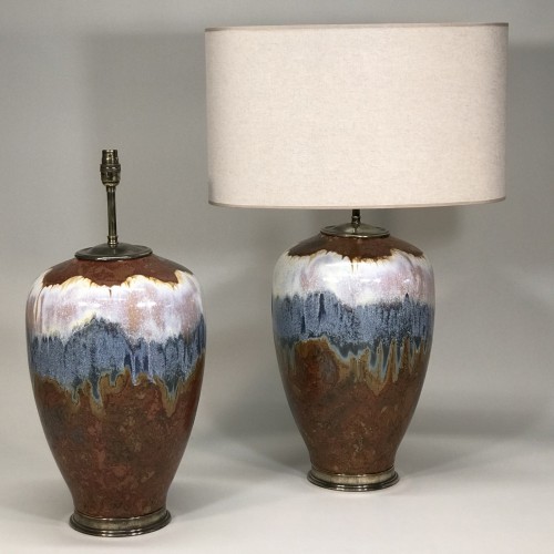 Pair Of Large Hand Made Brown Ceramic Lamps With Amazing Iridescent Glaze On Antique Brass Bases