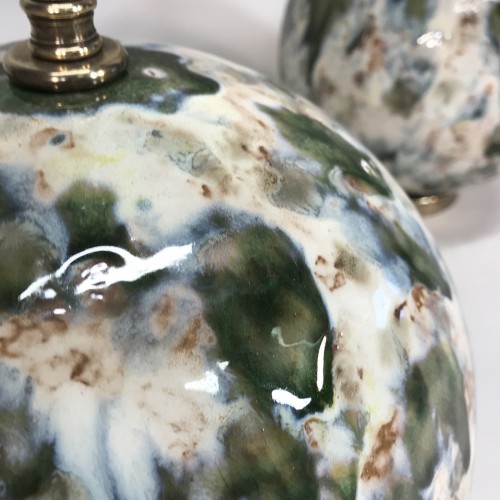 Pair Of Small Round 'snowball' Shaped Greenish Ceramic Lamps On Antique Brass Bases