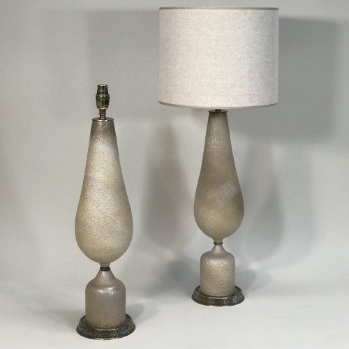 Pair Of Medium Gold Brown Textured Glass Lamps In The Style Of Hans Coper On Antique Brass Bases