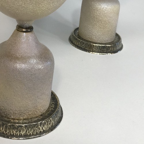 Pair Of Medium Gold Brown Textured Glass Lamps In The Style Of Hans Coper On Antique Brass Bases