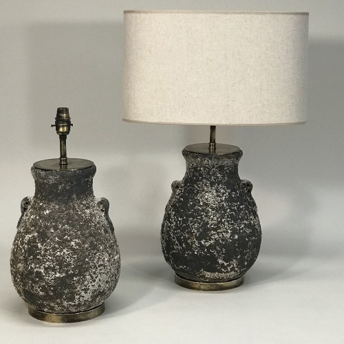 Pair Of Medium Heavily Textured Brown Ceramic Lamps On Brass Bases