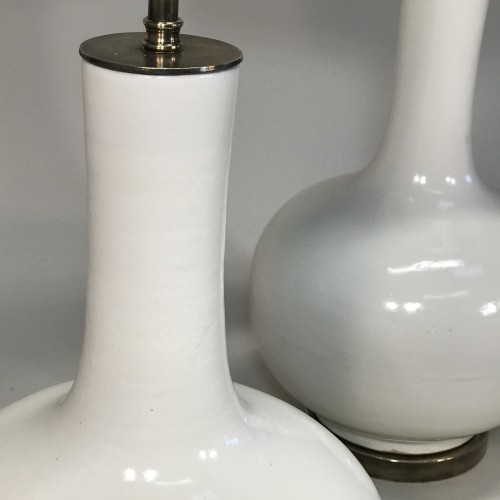 Pair Of Medium Cream Ceramic Teardrop Lamps On Antique Brass Bases