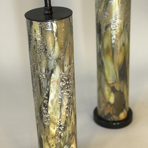 Pair Of Medium Yellow Green "tortoise Shell" Glass Column Lamps On Brown Bronze Bases
