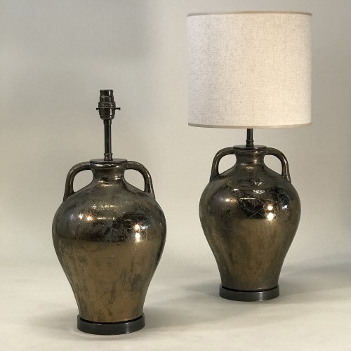 Pair Of Small Gold Brown Ceramic Urn Lamps On Brown Bronze Bases