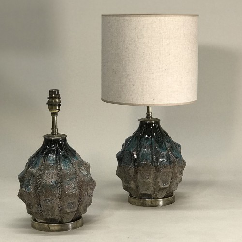 Pair Of Small Blue And Brown Round Mid Century Style Ceramic Lamps On Antique Brass Bases