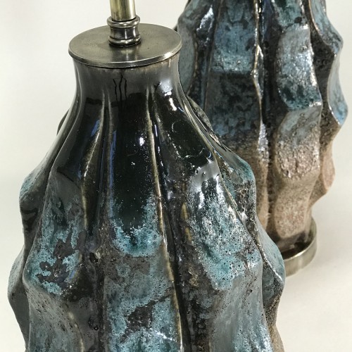Pair Of Small Blue And Brown Vase Shaped Mid Century Style Ceramic Lamps