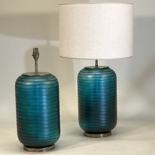 Pair Of Large Turquoise Cut Glass Lamps On Antique Brass Bases
