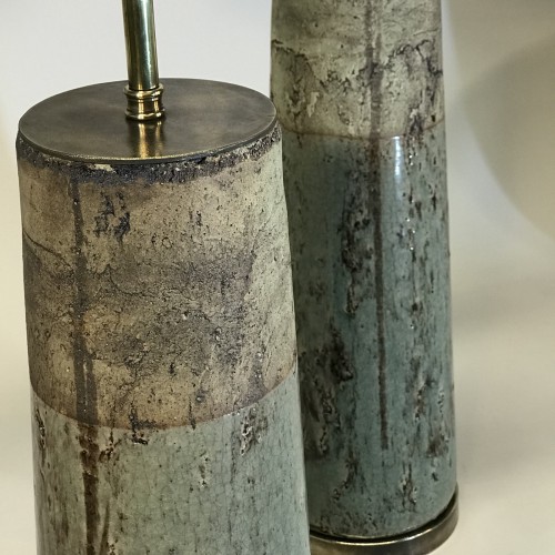 Pair Of Large Green Rustic Ceramic Lamps On Antique Brass Bases