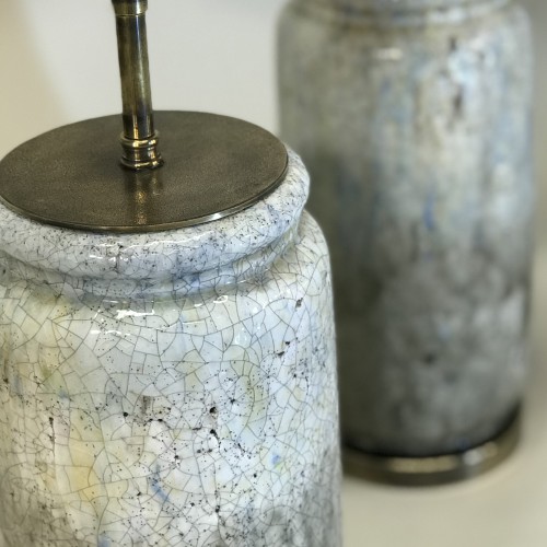 Pair Of Medium Grey Rustic Lamps On Antique Brass Bases