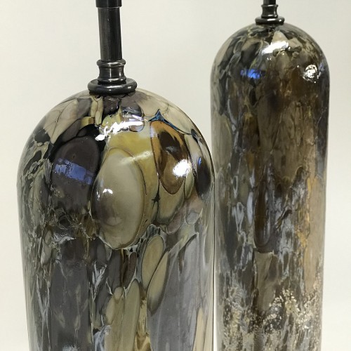 Pair Of Large Brown 'tortoise' Glass Lamps With Dome Tops On Brown Bronze Bases
