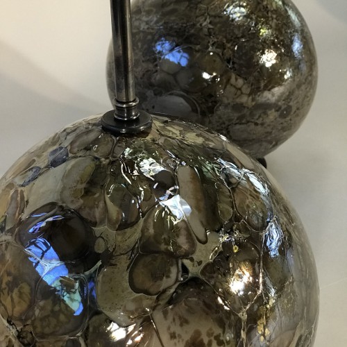Pair Of Medium Brown Glass 'tortoise' Globe Lamps On Brown Bronze Bases