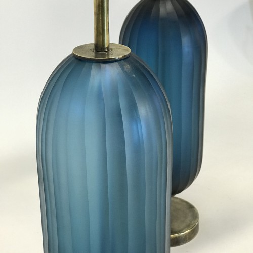Pair Of Medium Blue Cut Glass 'Mikey' Lamps On Antique Brass Bases