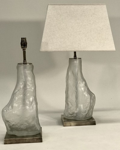 Pair Of Medium Glass Clear Frosted 'iceberg' Lamps On Antique Brass Bases