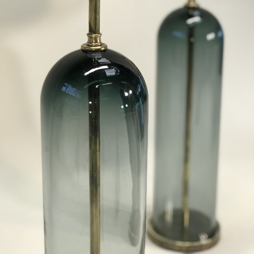Pair Of Large Grey Glass Dome Top Lamps Cylinder Lamps On Round Antique Brass Bases