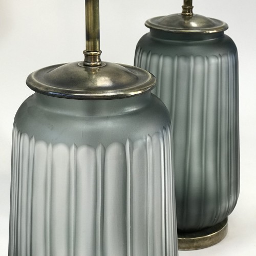 Pair Of Medium Grey Glass 'fluted' Lamps On Antique Brass Bases