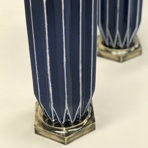 Pair Of Medium Blue Ceramic Geometric Lamps On Antique Brass Bases