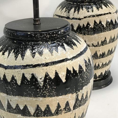 Pair Of Large Cream And Black Geometric Patterned Ceramic Lamps On Black Bronze Brass Bases