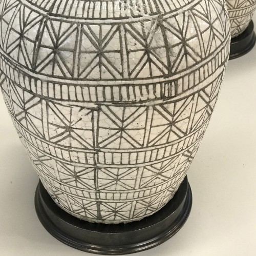 Pair Of Large Cream And White Geometric Patterned Ceramic Lamps On Bronze Brass Bases