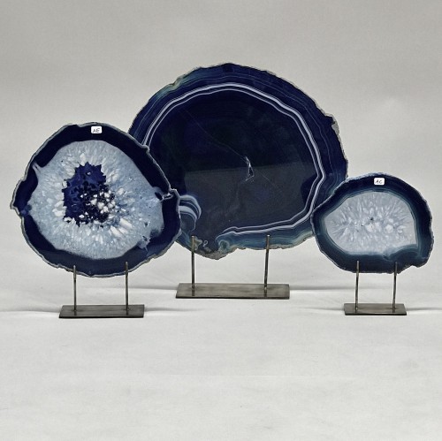 Navy Blue Dyed Agate Slices On Antique Brass Bases