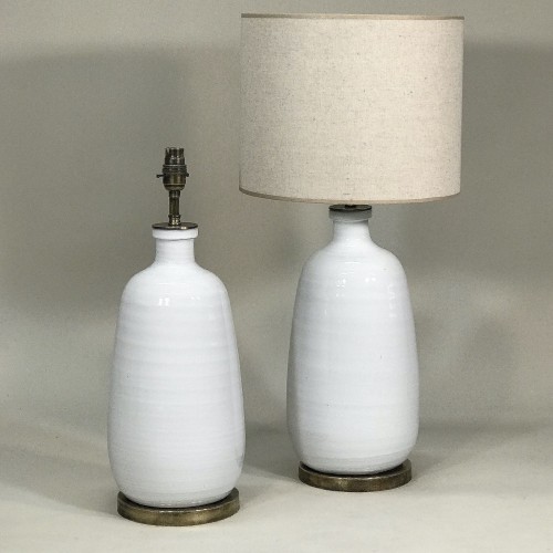 Pair Of White Ceramic Lamps On Antique Brass Bases