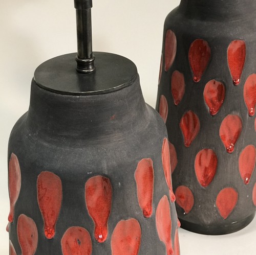 Pair Of Medium Red 'drippy' Ceramic Lamps On Brown Bronze Bases