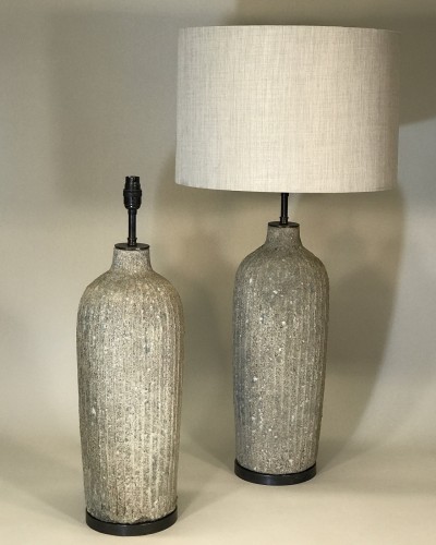Pair Of Large Grey Rustic Ceramic Lamps On Brown Bronze Bases