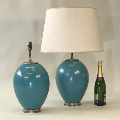 Pair Of Medium Blue/green Turquoise Ceramic 'balloon' Lamps On Antique Brass Bases