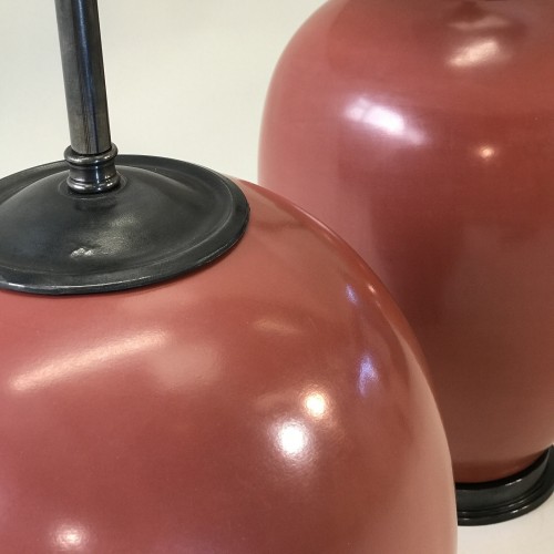 Pair Of Medium Coral Pink Ceramic 'balloon' Lamps On Brown Bronze Bases