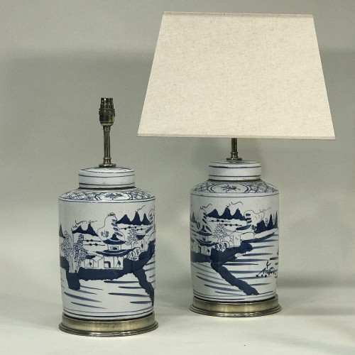 Pair Of Small Blue & White Hand Painted Ceramic Lamps On Antique Brass Bases