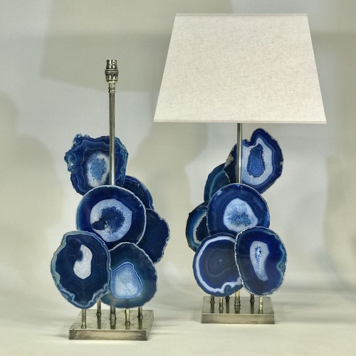 Pair Of Large Navy Blue Agate Disc Lamps On Antique Brass Bases