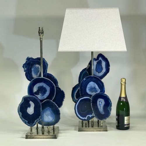 Pair Of Large Navy Blue Agate Disc Lamps On Antique Brass Bases