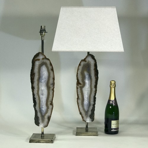 Pair Of Medium Brown Tall Slim Single Agate Disc Lamps On Antique Brass Bases