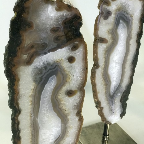 Pair Of Medium Brown Tall Slim Single Agate Disc Lamps On Antique Brass Bases