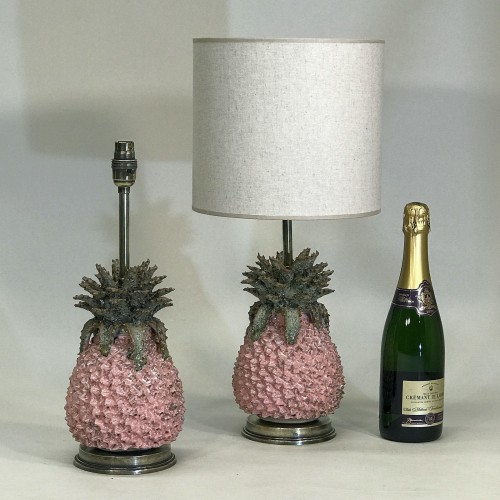Pair Of Small Pink Ceramic Pineapple Lamps On Antique Brass Bases