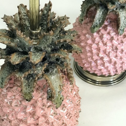 Pair Of Small Pink Ceramic Pineapple Lamps On Antique Brass Bases
