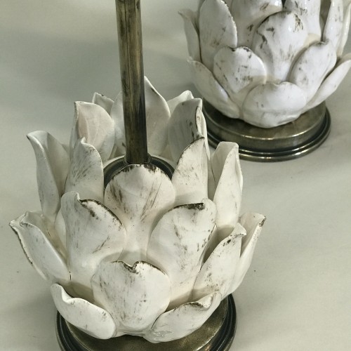 Pair Of Small Cream Ceramic Artichoke Lamps On Antique Brass Bases