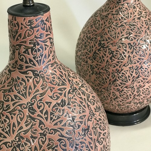 Pair Of Medium Pink Ceramic Lamps With Balloon Shape Intricate Glaze Pattern On Brown Bronze Base