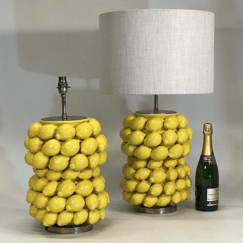 Pair Of Large Yellow Ceramic Lemon Lamps With Antique Brass Bases