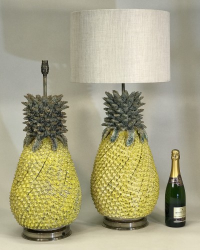 Pair Of Large Yellow Ceramic Pineapple Lamps On Antique Brass Bases (very Heavy)