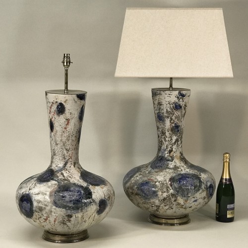 Pair Of Very Large Blue And White Japanese Ceramic Lamps On Antique Brass Bases